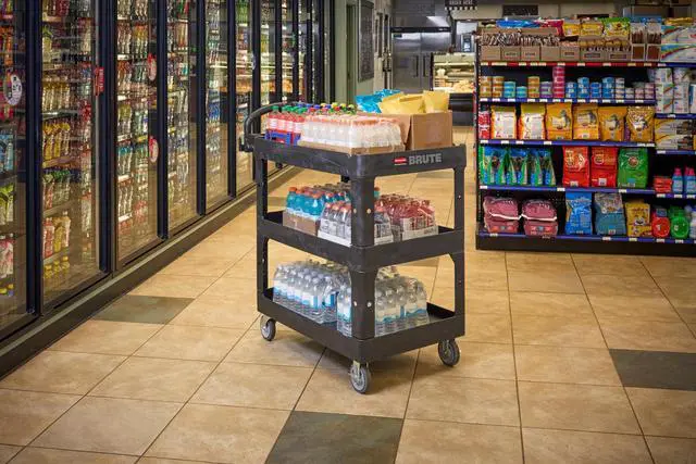 Alt view image 3 of 7 - Rubbermaid Brute 3-Shelf Heavy-Duty Ergo Utility Cart Medium Black 2196862