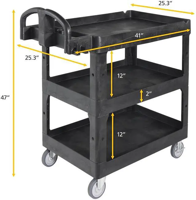 Alt view image 6 of 7 - Rubbermaid Brute 3-Shelf Heavy-Duty Ergo Utility Cart Medium Black 2196862