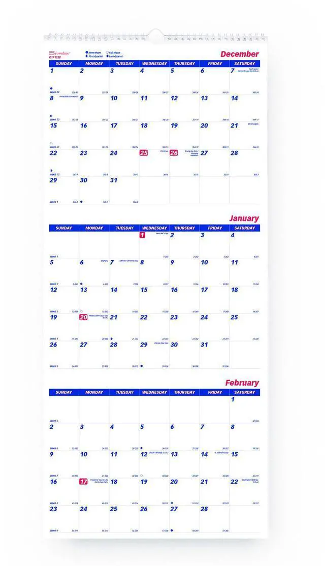 Main image of Three-Month Wall Calendar 12.25" x 27" White/Blue Sheets 14-Month: Dec 2026 C171128