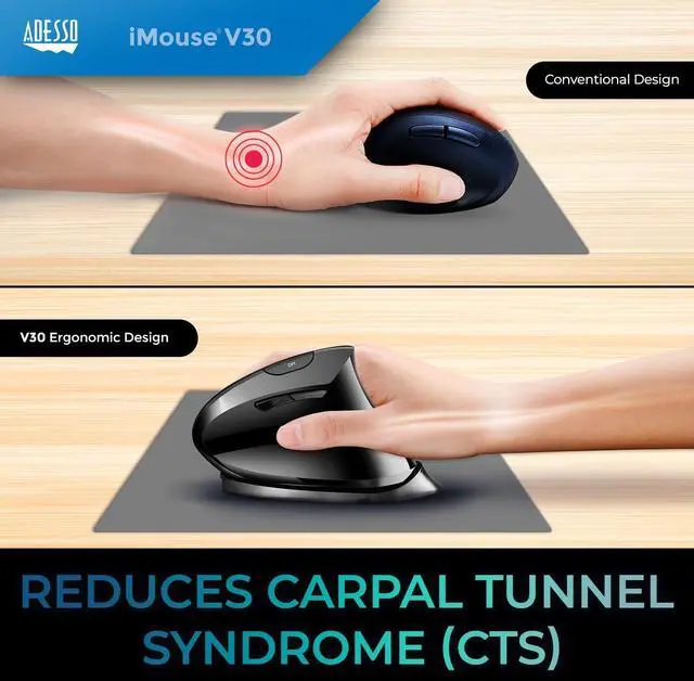 Alt view image 7 of 7 - Adesso iMouse V30 2.4GHz Wireless Adjustable Vertical Ergonomic Mouse iMouseV30