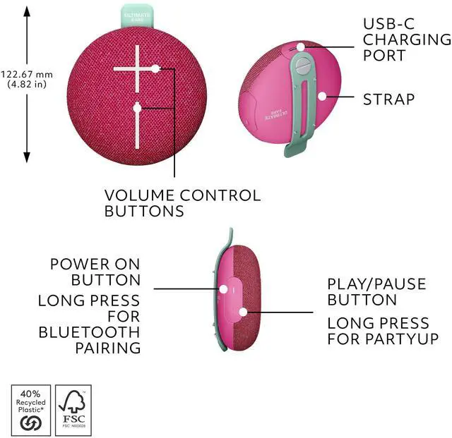 Alt view image 11 of 14 - Ultimate Ears MINIROLL Ultra-Portable Waterproof Bluetooth Speaker, Big Bass, IP67 Dustproof, 131 ft (40 m) Range - Calming Pink