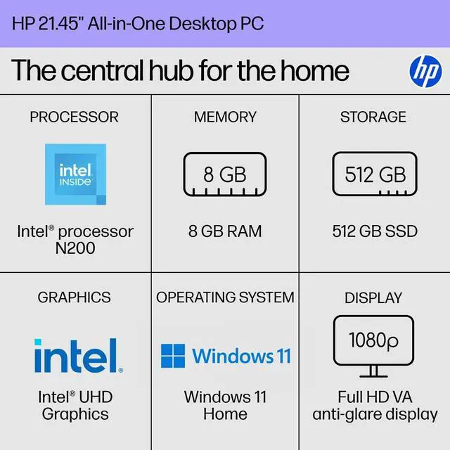 Alt view image 9 of 16 - HP 22-dg0340 21.5" Full HD All-in-One Desktop Computer, Intel N200 1.0GHz, 8GB RAM, 512GB SSD, Windows 11 Home, Jet Black