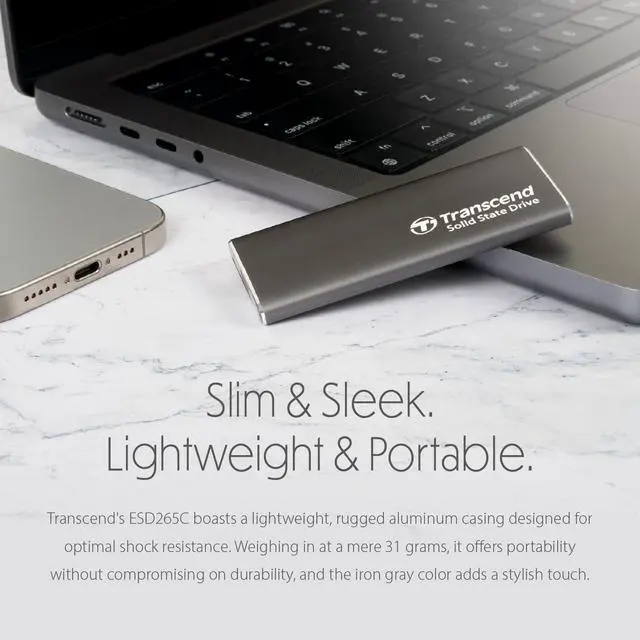 Main image of Transcend ESD265C 500 GB Portable Rugged Solid State Drive - External - Iron Gray - Notebook, Tablet, Smartphone, Gaming Console Device Supported - USB 3.2, USB 3.1 Type C - 1050 MB/s Maximum Read Tra