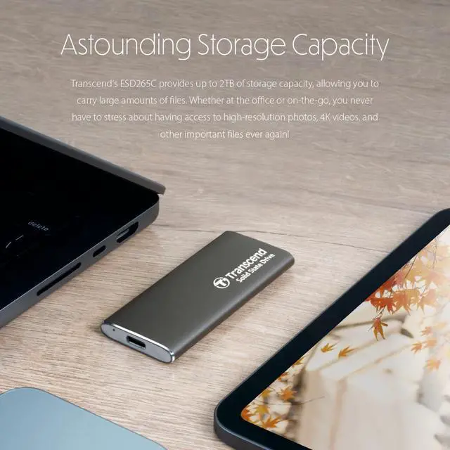 Alt view image 2 of 6 - Transcend ESD265C 500 GB Portable Rugged Solid State Drive - External - Iron Gray - Notebook, Tablet, Smartphone, Gaming Console Device Supported - USB 3.2, USB 3.1 Type C - 1050 MB/s Maximum Read Tra