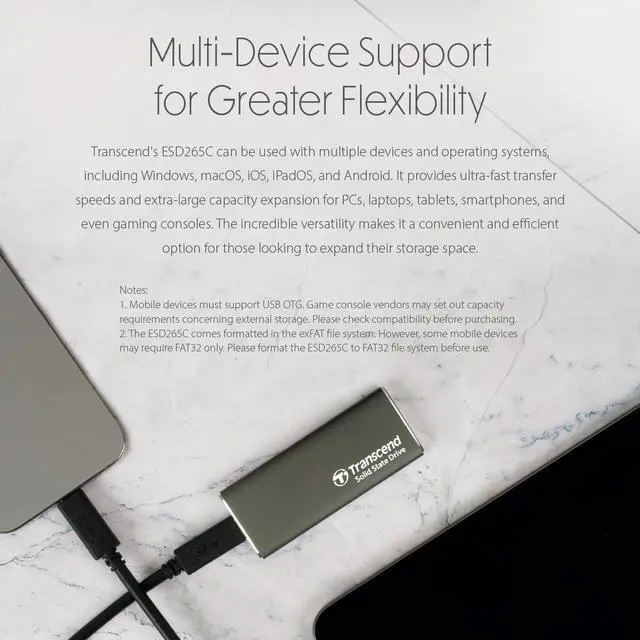 Alt view image 3 of 6 - Transcend ESD265C 500 GB Portable Rugged Solid State Drive - External - Iron Gray - Notebook, Tablet, Smartphone, Gaming Console Device Supported - USB 3.2, USB 3.1 Type C - 1050 MB/s Maximum Read Tra