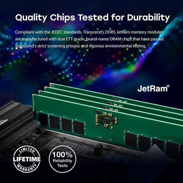 Alt view image 2 of 3 - Transcend JetRAM 32GB DDR5 SDRAM Memory Module - For Desktop PC, Computer - 32 GB - DDR5-5600/PC5-44800 DDR5 SDRAM - 5600 MHz Dual-rank Memory - CL46 - 1.10 V - On-die ECC - Unbuffered - 288-pin - DIM