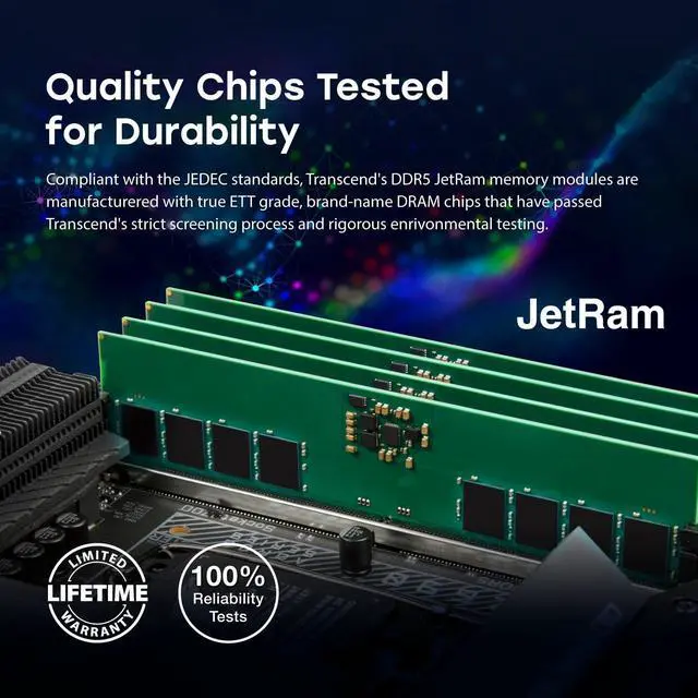 Alt view image 9 of 10 - Transcend JetRAM 48GB DDR5 SDRAM Memory Module - For Desktop PC, Computer - 48 GB - DDR5-5600/PC5-44800 DDR5 SDRAM - 5600 MHz Dual-rank Memory - CL46 - 1.10 V - On-die ECC - Unbuffered - 288-pin - DIM