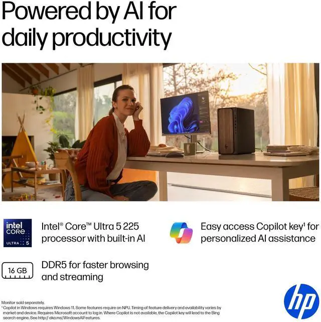 Alt view image 15 of 15 - HP OmniDesk M03-0010 AI Desktop Computer, Intel Core Ultra 5 225 3.3GHz, 16GB RAM, 512GB SSD, Windows 11 Home, Jack Black/Dark Wood