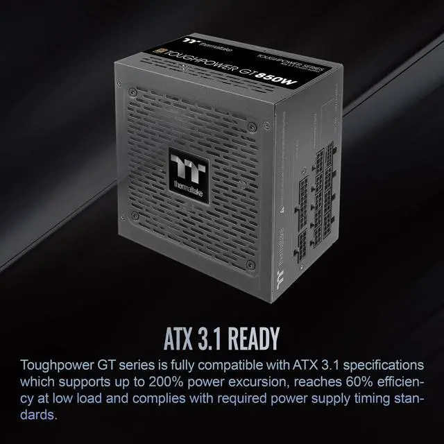 Alt view image 8 of 11 - Thermaltake Toughpower GT 850W ATX 3.1 Standard Power Supply; 80 Plus Gold Efficiency; Smart Zero Fan; Native 450W PCIe 5.1 Connector; PS-TPT-0850FNFAGU-3