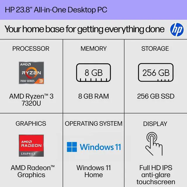 Alt view image 2 of 7 - HP 24-cr0420 23.8" Touchscreen AIO Computer R3 7320U 8GB 256GB SSD W11H B88E1AA