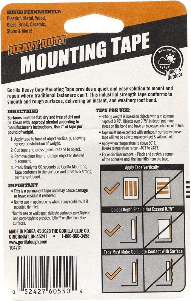 Alt view image 14 of 19 - Gorilla Glue 6055002 Gorilla Heavy Duty Mounting Tape,1" x 60" Rolls