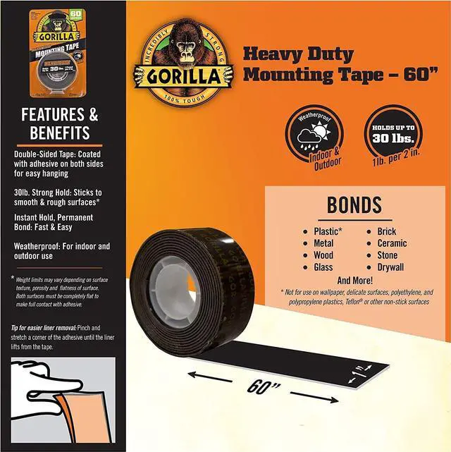 Alt view image 16 of 19 - Gorilla Glue 6055002 Gorilla Heavy Duty Mounting Tape,1" x 60" Rolls