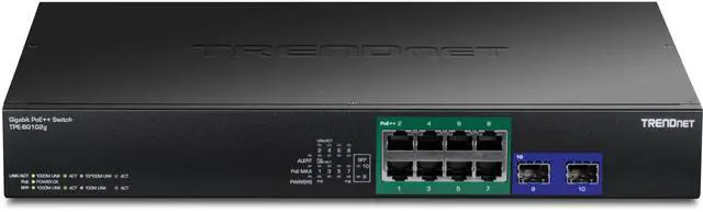 Alt view image 10 of 13 - TRENDnet 10-Port Gigabit PoE++ Switch, TPE-BG102g, 8 x Gigabit PoE++ Ports, 2 x Gigabit SFP Ports, 240W PoE Power Budget, 20Gbps, Internal Power Supply, Lifetime Protection, Black