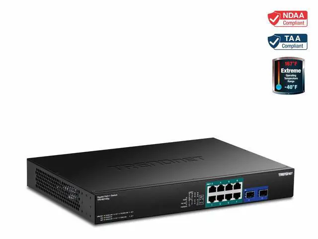 Alt view image 13 of 13 - TRENDnet 10-Port Gigabit PoE++ Switch, TPE-BG102g, 8 x Gigabit PoE++ Ports, 2 x Gigabit SFP Ports, 240W PoE Power Budget, 20Gbps, Internal Power Supply, Lifetime Protection, Black