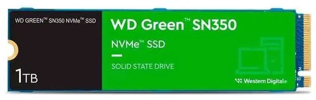 Alt view image 3 of 4 - WD Green SN350 WDS100T2G0C 1 TB Solid State Drive - M.2 2280 Internal - PCI Express NVMe (PCI Express NVMe 3.0 x4) - Computer Device Supported - 80 TB TBW - 2400 MB/s Maximum Read Transfer Rate - 3 Ye