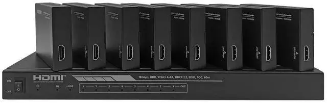 Alt view image 7 of 13 - Monoprice Blackbird 4K HDMI 2.0 1x8 Splitter Extender Complete Solution Kit-- 18Gbps, HDR, 4K@60Hz, YCbCr 4:4:4, HDCP 2.2, Cat6/6a/7 with IR, Loop Out, EDID, POC with 8 Receivers, 60m, 197ft