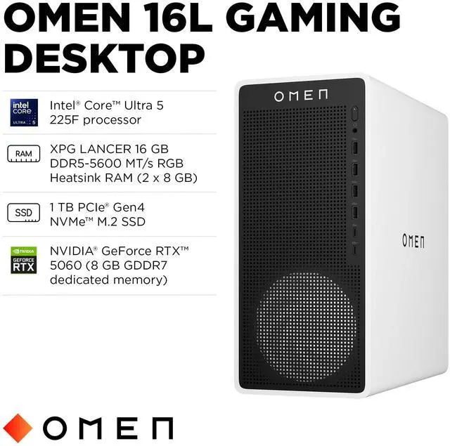Alt view image 2 of 8 - HP Omen TG03-0120 Gaming Desktop Computer - Intel Core Ultra 5 225F - 16GB - 1TB SSD - Intel B860 Chip - Windows 11 Home - NVIDIA GeForce RTX 5060 8 GB GDDR7 - IEEE 802.11ax - 500W  BY1S8AA#ABA