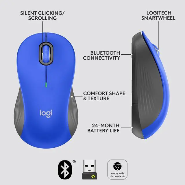 Alt view image 8 of 9 - Logitech Signature M550 L Mouse - Optical - Wireless - 32.81 ft - Bluetooth - Blue - USB - 4000 dpi - Scroll Wheel - 3 Button(s) - 3 Programmable Button(s) - Large Hand/Palm Size - 1 x AA Battery Supp