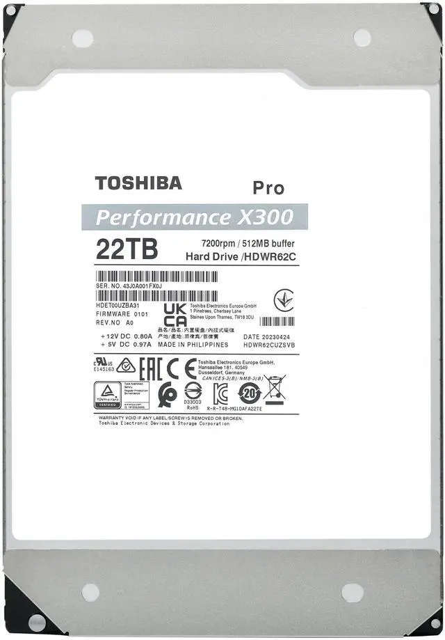 Alt view image 13 of 15 - Toshiba 22TB X300 Pro Performance 3.5" CMR Internal HDD - SATA 6 Gb/s - 6Gbps - 7200RPM - 512MB - 1.0M hours - 8.02Watt  HDWR62CXZSTB
