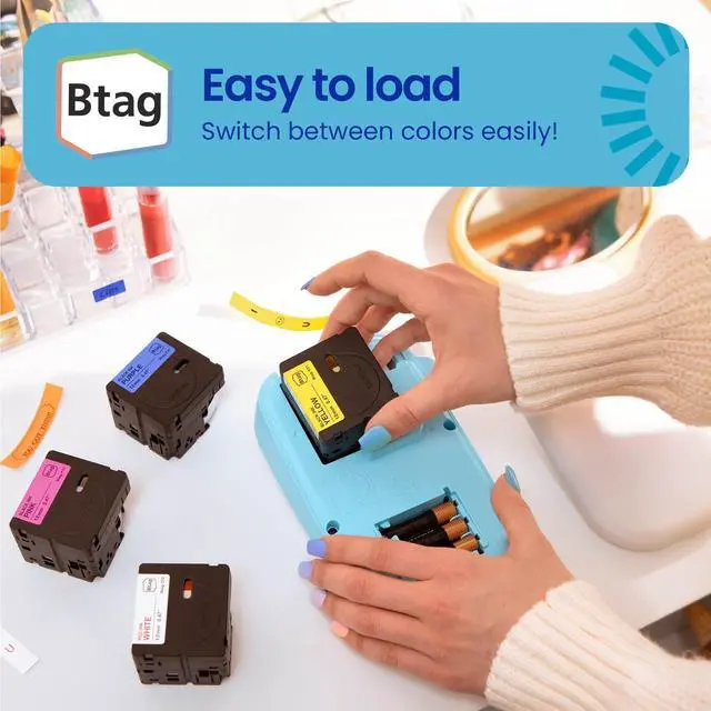 Alt view image 6 of 7 - Brother P-touch Btag Label Tape, BTAG3M02, 0.47 in by 13.1 ft , White on Purple, Black on Light Blue, White on Pink, 3-Pack