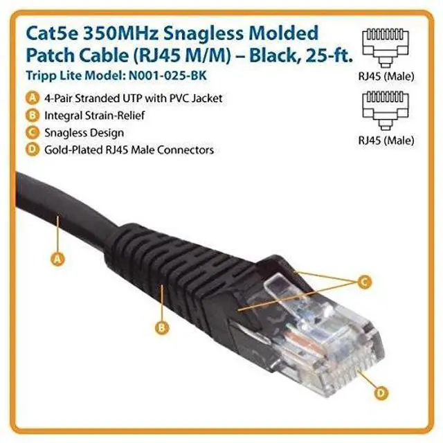 Alt view image 11 of 11 - TRIPP LITE N001-025-BK 25FT CAT5E / CAT5 SNAGLESS MOLDED PATCH CABLE RJ45 M/M BLACK 25FT