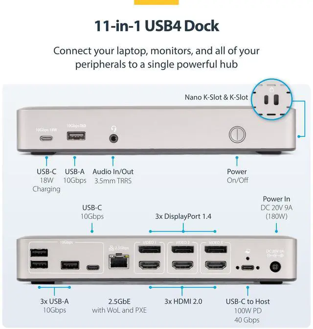 Alt view image 2 of 7 - StarTech Triple-Monitor USB4 Docking Station 4K 60Hz HDMI or DisplayPort 6x USB Hub 2.5GbE 100W Charging Driverless USB-C Dock