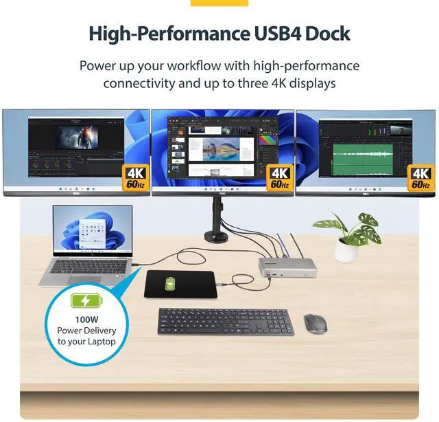 Alt view image 3 of 7 - StarTech Triple-Monitor USB4 Docking Station 4K 60Hz HDMI or DisplayPort 6x USB Hub 2.5GbE 100W Charging Driverless USB-C Dock