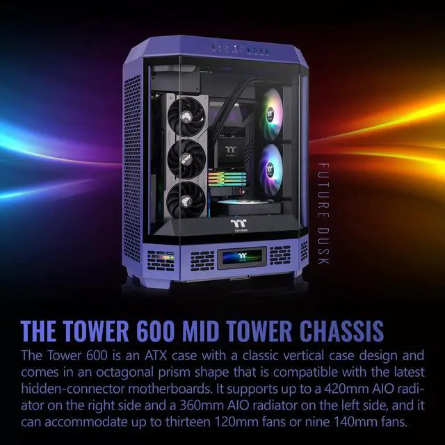 Alt view image 10 of 14 - Thermaltake Tower 600 Mid Tower; 2x140mm CT Fans Included; 420mm Radiator Support; 400mm GPU Clearance; Hidden Connector Support; Rotatable PCIe Slots; Future Dusk; CA-1Z1-00MNWN-00