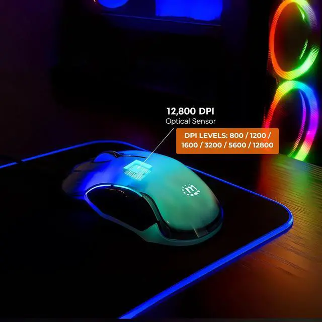 Alt view image 10 of 14 - Manhattan RGB LED Wired Optical USB Mouse - 12800 DPI Precision, 5-Button Design, 6 Switchable Light Modes, Perfect for Gaming & Work - 190381