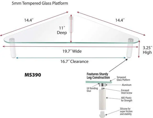 Alt view image 9 of 10 - Kantek Glass Corner Monitor Riser with 5mm Tempered Glass Platform and 40-Pound Capacity, 19.7-Inch W x 11-Inch D x 3.25-Inch H, Clear Glass (MS390)