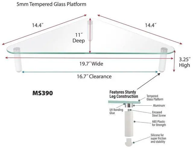 Alt view image 8 of 10 - Kantek Glass Corner Monitor Riser with 5mm Tempered Glass Platform and 40-Pound Capacity, 19.7-Inch W x 11-Inch D x 3.25-Inch H, Clear Glass (MS390)