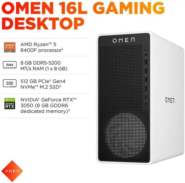 Alt view image 3 of 15 - HP OMEN 16L TG03-0010 Gaming Desktop Computer, AMD Ryzen 5 8400F 4.2GHz, 8GB RAM, 512GB SSD, NVIDIA GeForce RTX 3050 8GB, Windows 11 Home, Snow White