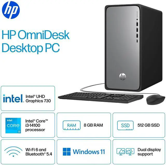 Alt view image 2 of 14 - HP OmniDesk M02-0010 Desktop Computer i3-14100 8GB 512GB SSD W11H B5RK6AAABA