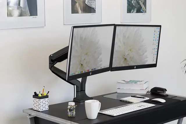 Alt view image 16 of 20 - Mount-It! Height Adjustable Dual Monitor Desk Mount Arms for 13" to 32" Monitors Black (MI-1772-BLACK)