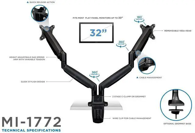 Alt view image 17 of 20 - Mount-It! Height Adjustable Dual Monitor Desk Mount Arms for 13" to 32" Monitors Black (MI-1772-BLACK)