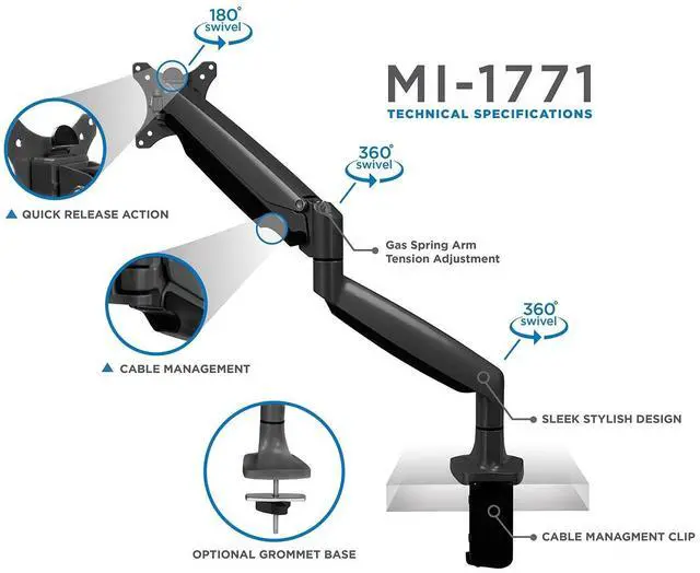 Alt view image 16 of 19 - Mount-It! Height Adjustable Single Monitor Desk Mount Arm for 13"-32" Monitors (MI-1771B) MI-1771-BLACK