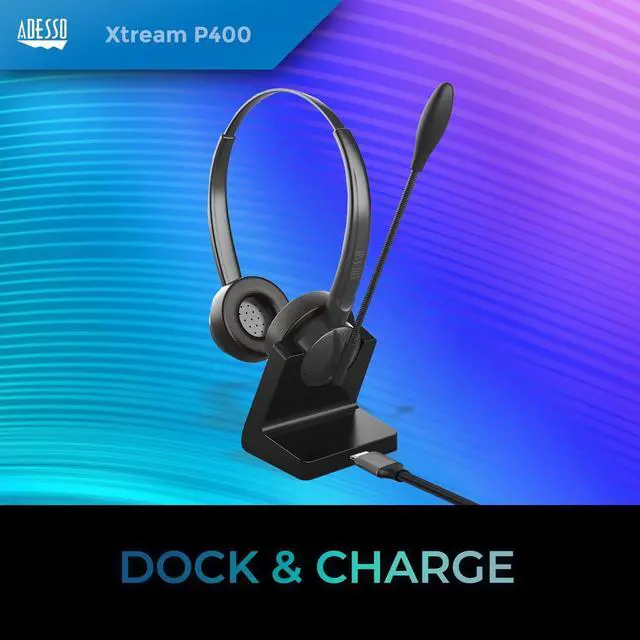 Alt view image 11 of 15 - Adesso Xtream P400 Wireless Multimedia Headset with Charging Dock - Stereo - Mini-phone (3.5mm) - Wireless - Bluetooth - 32 Ohm - 20 Hz to 20 kHz - Over-the-head - Binaural - Supra-aural