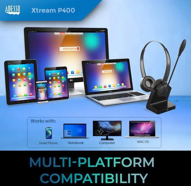Alt view image 10 of 15 - Adesso Xtream P400 Wireless Multimedia Headset with Charging Dock - Stereo - Mini-phone (3.5mm) - Wireless - Bluetooth - 32 Ohm - 20 Hz to 20 kHz - Over-the-head - Binaural - Supra-aural