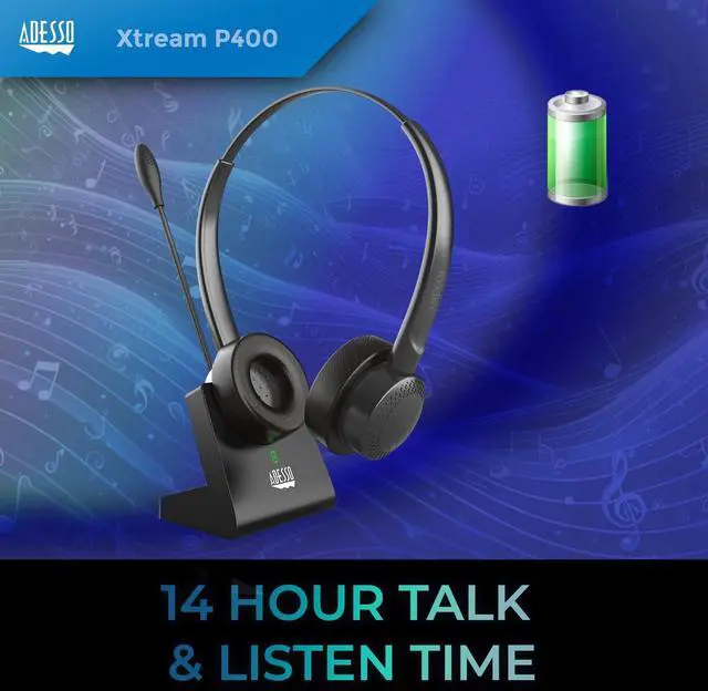 Alt view image 15 of 15 - Adesso Xtream P400 Wireless Multimedia Headset with Charging Dock - Stereo - Mini-phone (3.5mm) - Wireless - Bluetooth - 32 Ohm - 20 Hz to 20 kHz - Over-the-head - Binaural - Supra-aural