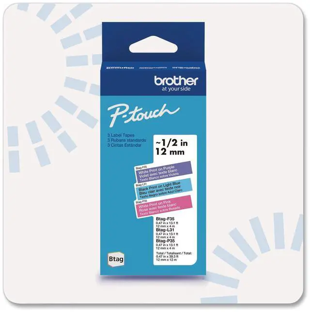 Main image of Brother P-touch Btag Label Tape, BTAG3M02, 0.47 in by 13.1 ft , White on Purple, Black on Light Blue, White on Pink, 3-Pack