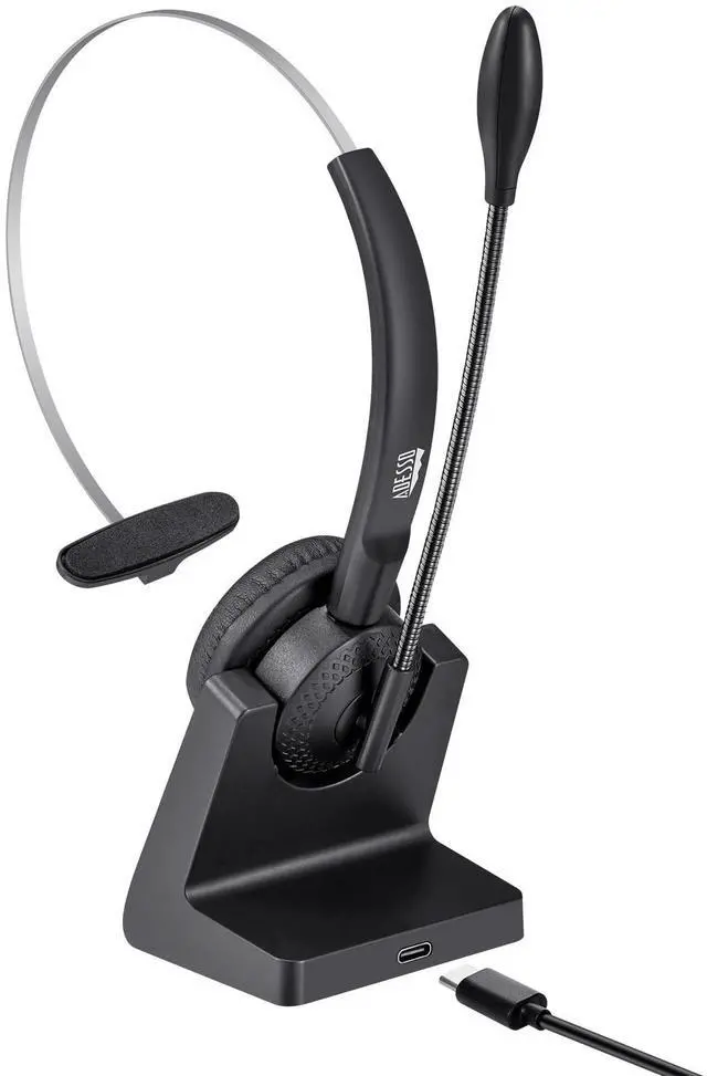 Alt view image 9 of 14 - Adesso Xtream P300 Headset - Mono - Mini-phone (3.5mm) - Wired/Wireless - Bluetooth - Over-the-head - Monaural - Supra-aural