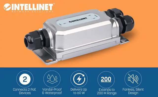 Alt view image 12 of 15 - Intellinet 2-Port Outdoor Vandalproof Gigabit PoE++ Extender | Two 30 W Ports, Extends PoE up to 328 ft., 60 W Power Budget, IEEE 802.3bt (4PPoE) Compliant, IP67 Waterproof, IK10-rated, Metal