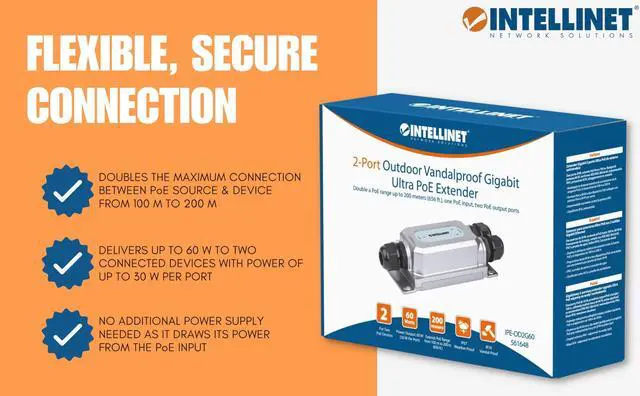 Alt view image 13 of 15 - Intellinet 2-Port Outdoor Vandalproof Gigabit PoE++ Extender | Two 30 W Ports, Extends PoE up to 328 ft., 60 W Power Budget, IEEE 802.3bt (4PPoE) Compliant, IP67 Waterproof, IK10-rated, Metal