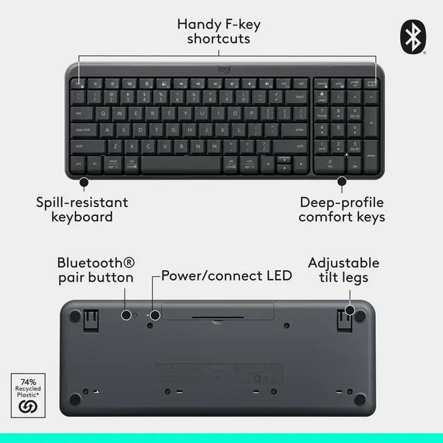 Alt view image 8 of 9 - Logitech MK250 Bluetooth Wireless Mouse and Keyboard Combo: Fast & Easy Connectivity, Compact Wireless Keyboard, Ambidextrous Mouse (Graphite) - Wireless Bluetooth Keyboard - Graphite - Wireless B