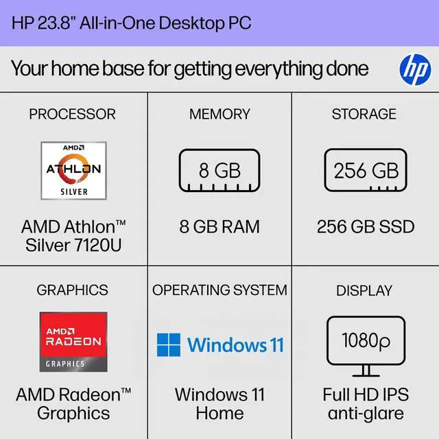 Alt view image 14 of 20 - HP 24CR0410 23.8 inch All-in-One Desktop - AMD Athlon Silver 7120U - AMD Radeon Graphics - 8GB/256GB - Windows 11 Home