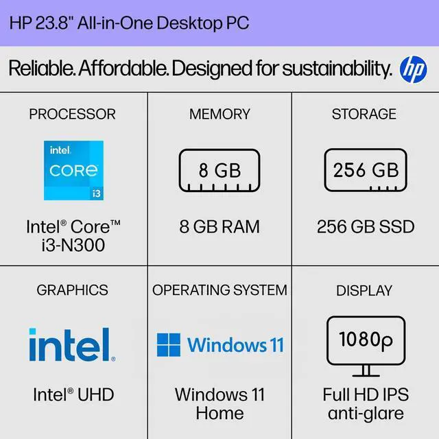 Alt view image 11 of 14 - HP 24-cr0000a 24-cr0430 All-in-One Computer - Intel N-Series i3-N300 - 8 GB - 256 GB SSD - 23.8" Full HD - Desktop - Jet Black - Intel Chip - 1920 x 1080 - Windows 11 Home - Intel UHD Graphics DD