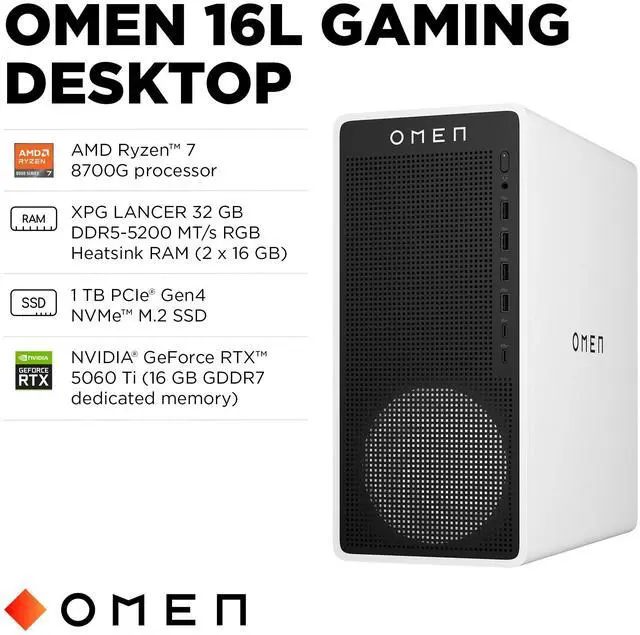 Alt view image 5 of 10 - OMEN OMEN 16L TG03-0000a TG03-0030 Gaming Desktop Computer - AMD Ryzen 7 8700G - 32 GB - 1 TB SSD - Tower - Snow White Metal - AMD B650 Chip - Windows 11 Home - NVIDIA GeForce RTX 5060 Ti 16 GB GDDR7