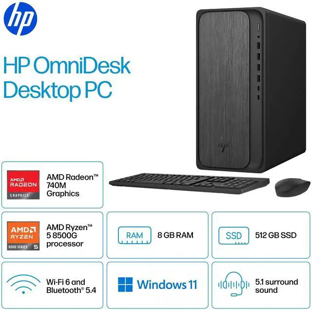 Alt view image 5 of 11 - HP OmniDesk M02-0000a M02-0310 Desktop Computer - AMD Ryzen 5 8500G - 8 GB - 512 GB SSD - Gray Wood, Jack Black - AMD Chip - Windows 11 Home - AMD Radeon Graphics DDR5 SDRAM - IEEE 802.11 a/b/g/n/ax