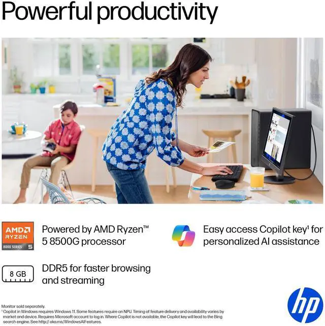 Alt view image 10 of 11 - HP OmniDesk M02-0000a M02-0310 Desktop Computer - AMD Ryzen 5 8500G - 8 GB - 512 GB SSD - Gray Wood, Jack Black - AMD Chip - Windows 11 Home - AMD Radeon Graphics DDR5 SDRAM - IEEE 802.11 a/b/g/n/ax
