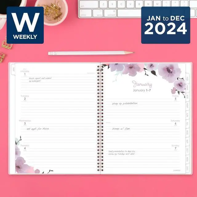 Alt view image 2 of 7 - Mina Weekly/Monthly Planner Main Floral Artwork 11 x 8.5 White/Violet/Peach Cover 12-Month Jan to Dec: 2024 1134905